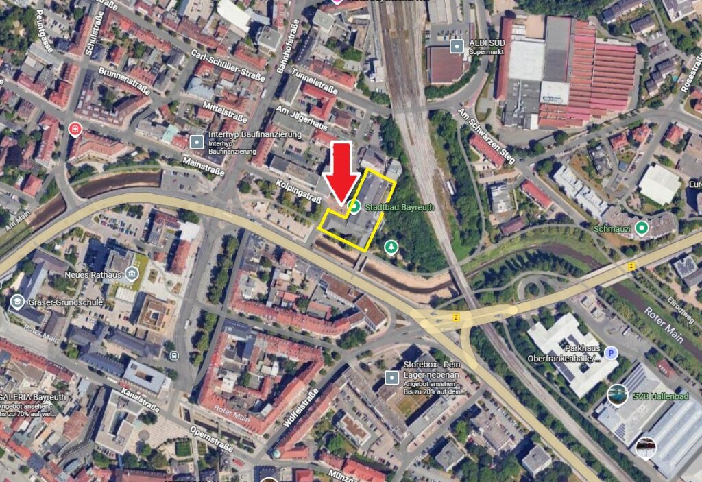 Luftbild mit Markierung der Trainingshalle im alten Stadtbad, Kolpingstraße, Bayreuth