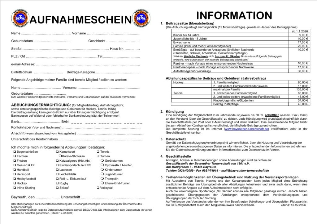Aufnahmeschein und Beitragsinformationen der Bayreuther Turnerschaft (BTS)